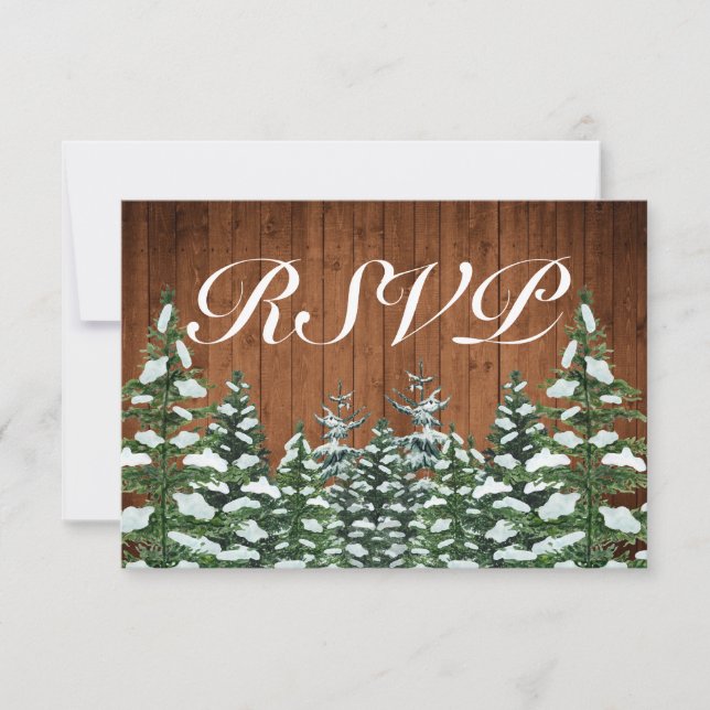 Snowy Wood & Forest Country Pine Wedding RSVP Card (Front)
