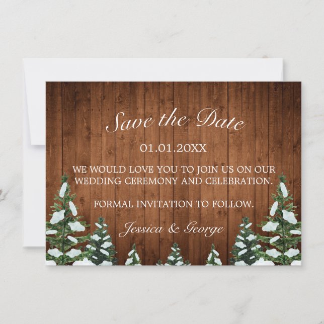 Snowy Wood & Forest Country Pine Wedding Save The Date (Front)