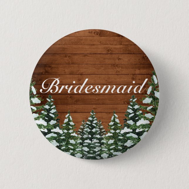 Snowy Wood & Forest Country Pine Wedding Title Button (Front)