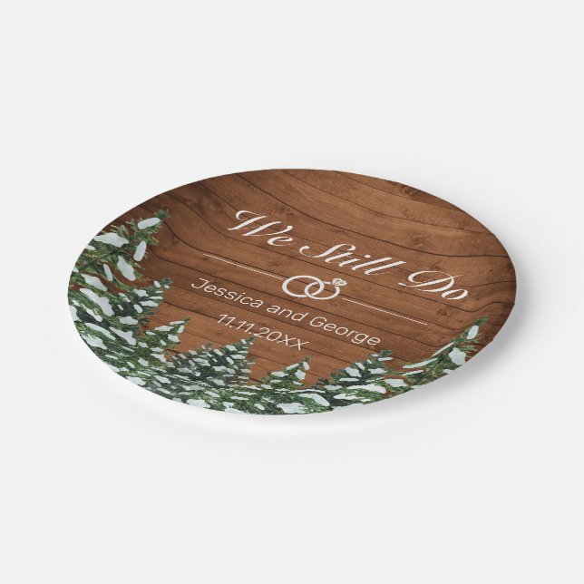 Snowy Wood & Forest Country Wedding Anniversary Paper Plates (Angled)