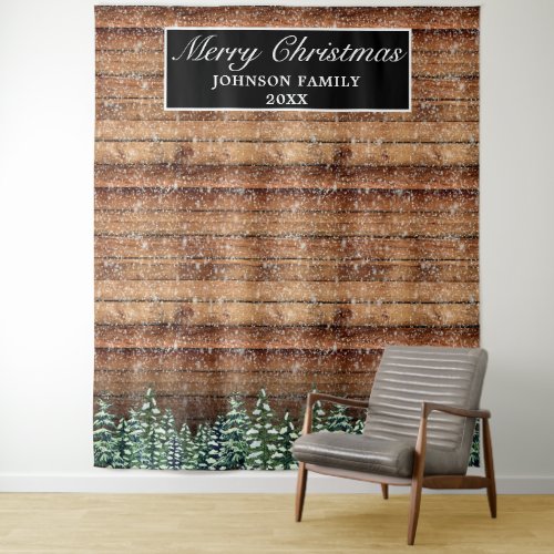 Snowy Wood Forest Merry Christmas Photo Background Tapestry