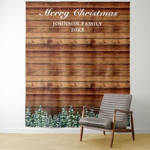 Snowy Wood Forest Merry Christmas Photo Background Tapestry