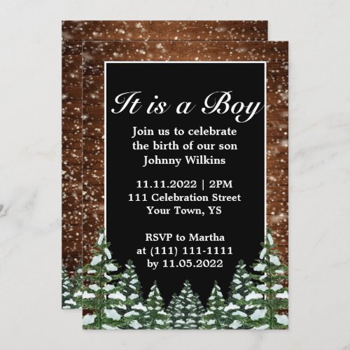 Snowy Wood Forest Pine Baby Boy Birth Celebration Invitation