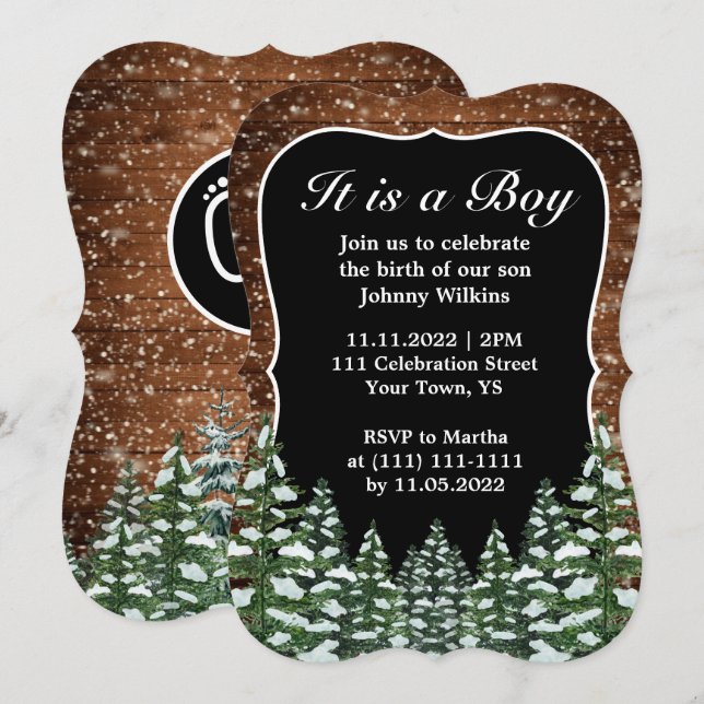 Snowy Wood Forest Pine Baby Boy Birth Celebration Invitation (Front/Back)