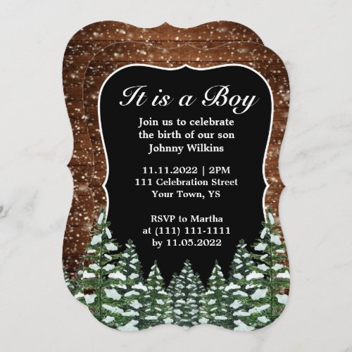 Snowy Wood Forest Pine Baby Boy Birth Celebration Invitation