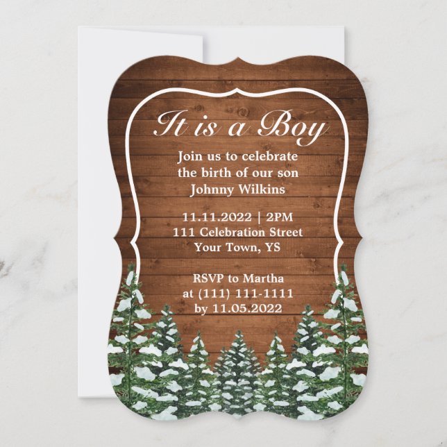 Snowy Wood Forest Pine Baby Boy Birth Celebration Invitation (Front)