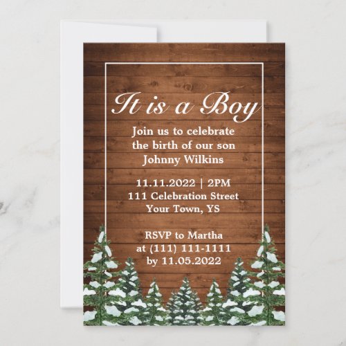 Snowy Wood Forest Pine Baby Boy Birth Celebration Invitation
