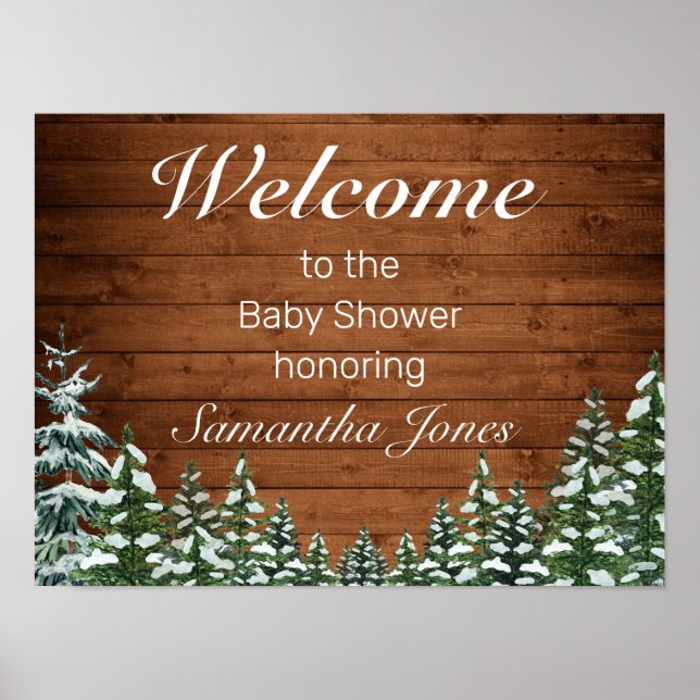 Snowy Wood & Forest Pine Baby Shower Welcome Sign (Front)