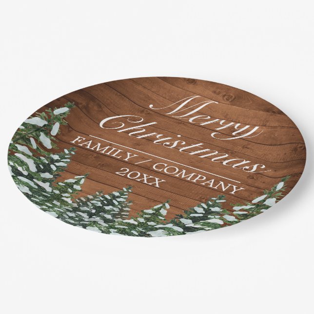Snowy Wood & Forest Rural Pine Merry Christmas Paper Plates (Angled)