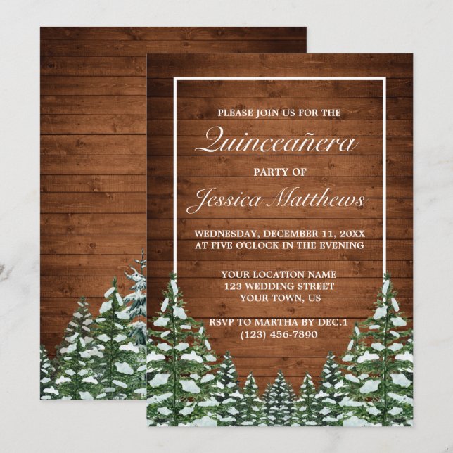 Snowy Wood & Forest Rural Pine Quinceañera Invitation (Front/Back)