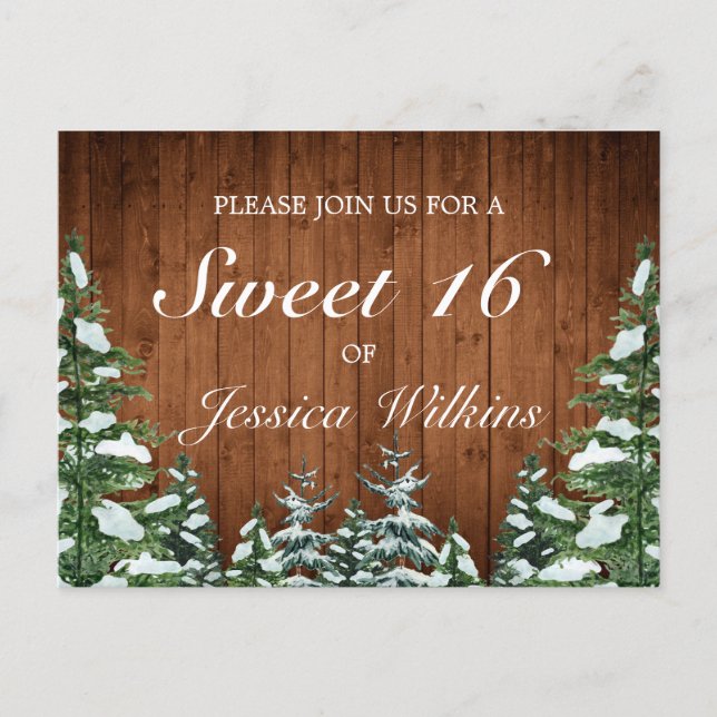 Snowy Wood & Forest Rural Pine Sweet 16 Announcement Postcard (Front)