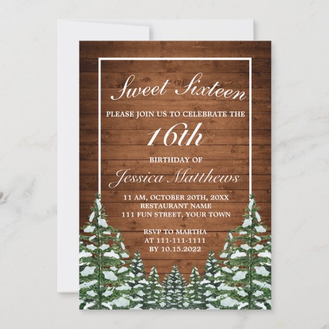 Snowy Wood & Forest Rural Pine Tiara Sweet 16 Invitation (Front)