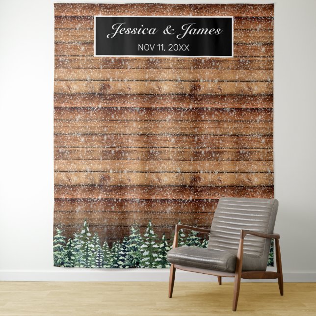 Snowy Wood & Forest Wedding Photo Background Tapestry (In Situ)