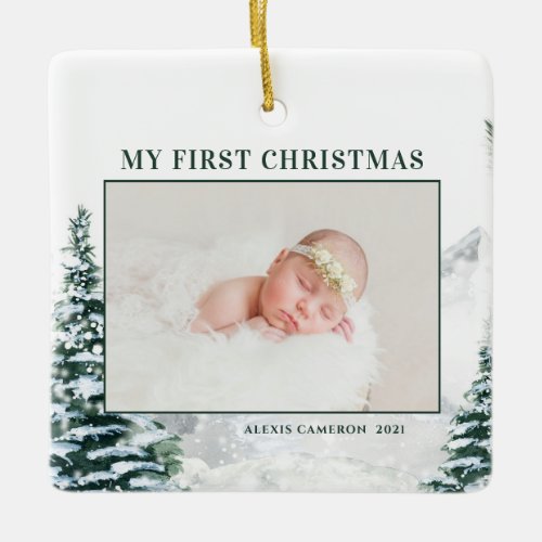 Snowy Woodland Babys First Christmas Photo Cerami Ceramic Ornament