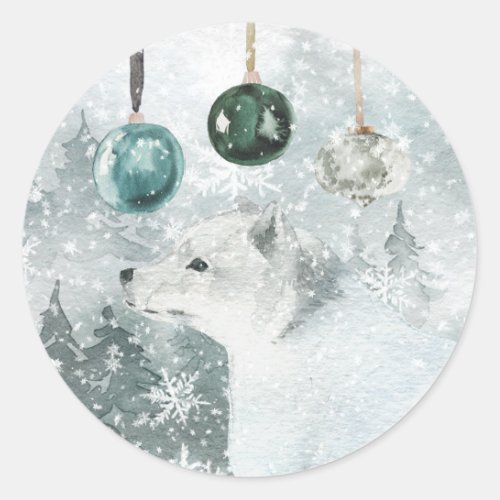 Snowy Woodland Forest Arctic Fox Glass Ornaments Classic Round Sticker