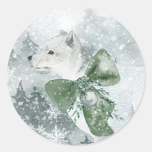 Snowy Woodland Forest Arctic Fox Holiday Portrait Classic Round Sticker