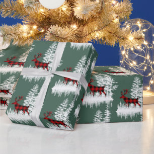 Snowy Woodland Forest Green Red Buffalo Plaid Deer Wrapping Paper