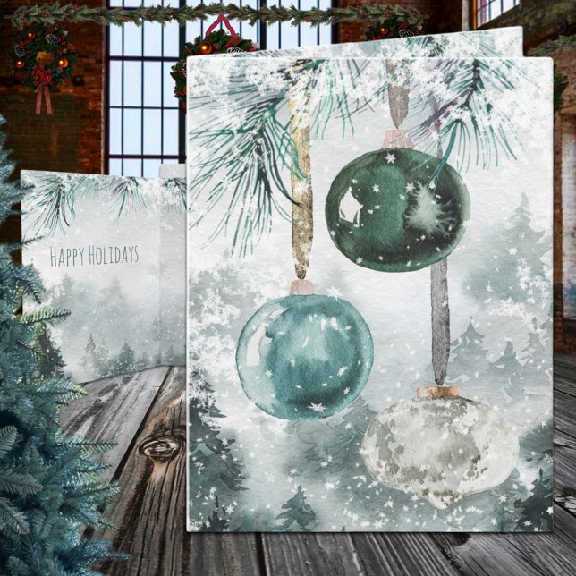Snowy Woodland Forest Hanging Glass Ornaments Holiday Card (Snowy Woodland Forest Hanging Glass Ornaments Christmas Holiday Wraparound Graphics Folded Card)