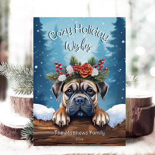 Snowy Woodland Forest Peeking Bullmastiff Jolly Holiday Card