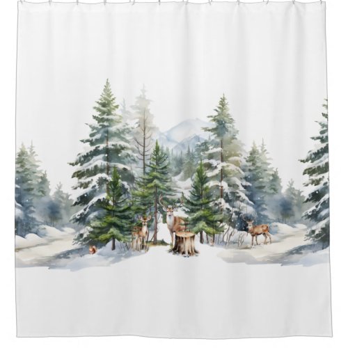 Snowy Woodland Forest Reindeer Family Watercolor Shower Curtain