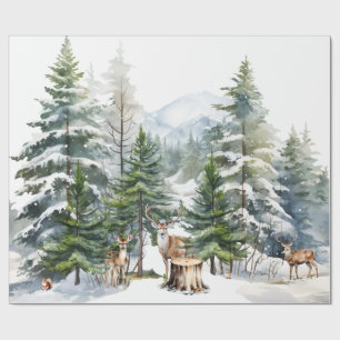 Snowy Woodland Forest Reindeer Family Watercolor Wrapping Paper