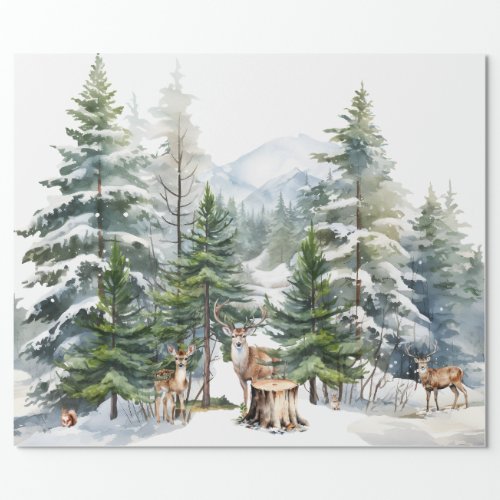 Snowy Woodland Forest Reindeer Family Watercolor Wrapping Paper