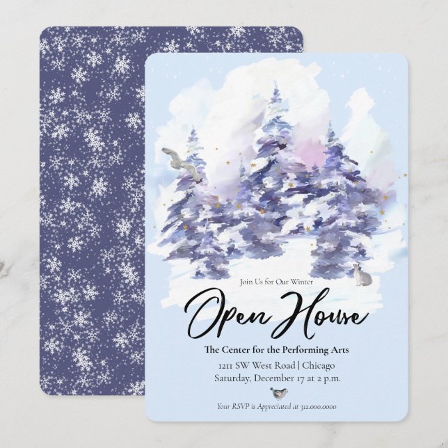 Snowy Woodland Forest Winter Open House Invitation (Front/Back)
