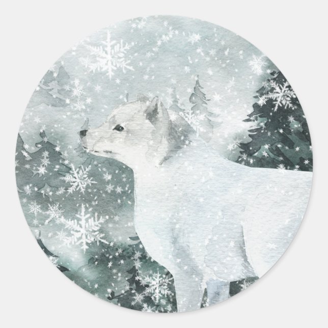 Snowy Woodland Mountain Forest Arctic Fox Classic Round Sticker (Front)