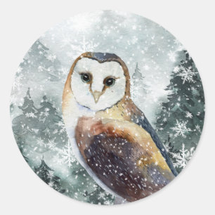 Snowy Woodland Mountain Forest Owl Classic Round Sticker