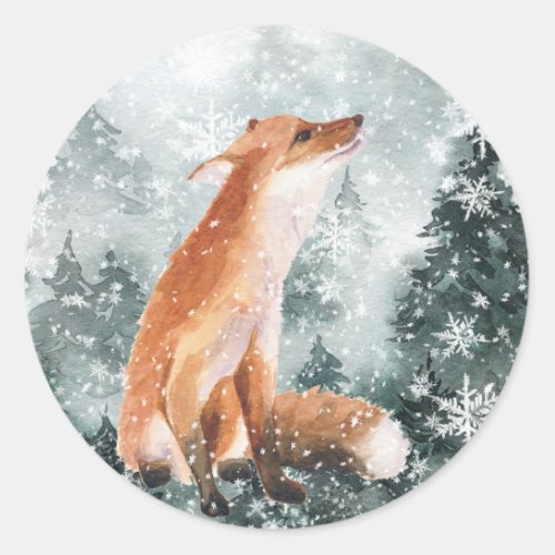 Snowy Woodland Mountain Forest Red Fox 2 Classic Round Sticker
