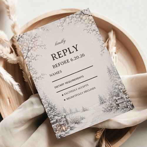 Snowy Woodland Path Between RSVP Card
