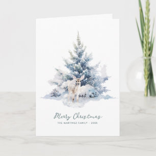 Snowy Woodland Pine Deer Merry Christmas Flat Card