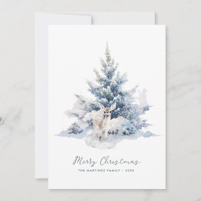 Snowy Woodland Pine Deer Merry Christmas Flat Holiday Card (Front)