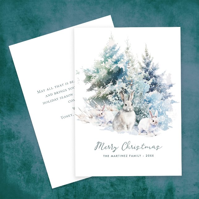 Snowy Woodland Pine  Rabbit Merry Christmas Flat Holiday Card (Creator Uploaded)