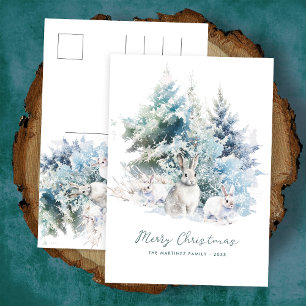Snowy Woodland Pine Rabbit Merry Christmas Holiday Postcard