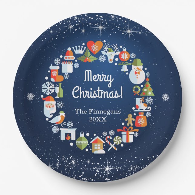 Snowy Wreath Blue Christmas Holiday Party Paper Plates (Front)