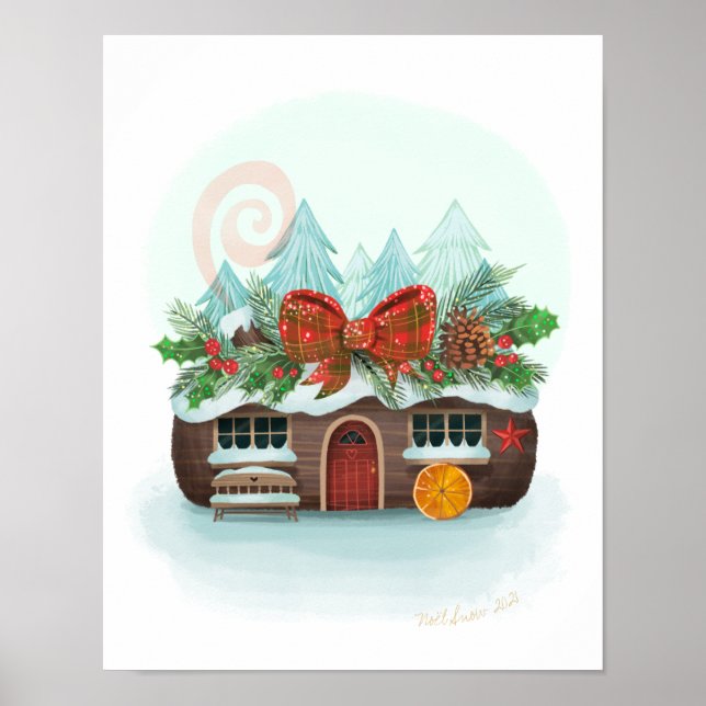 Snowy Yule Log Cabin Art Print (Front)