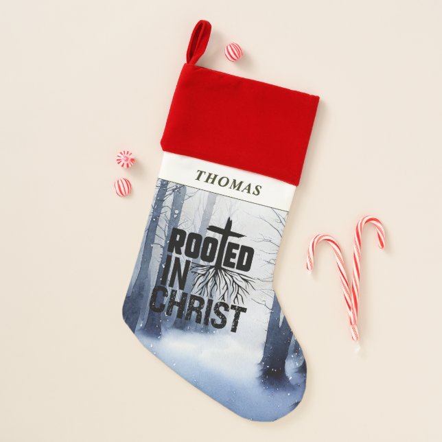 SnowyForest Custom name Rooted in Christ Christmas Stocking (Front)