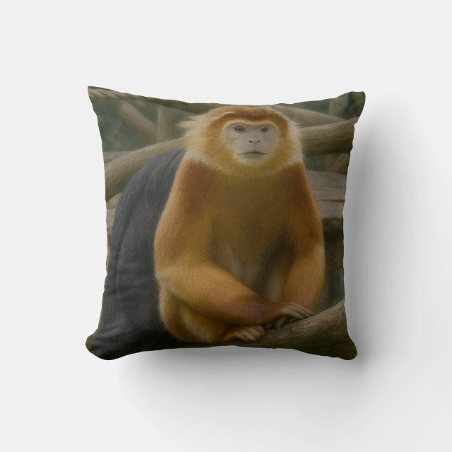 Snub-Nosed Monkey in Woodland Refuge Throw Pillow (Front)
