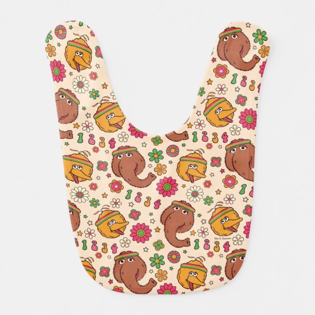 Snuffleupagus and Big Bird Groovy Flower Pattern Baby Bib (Front)