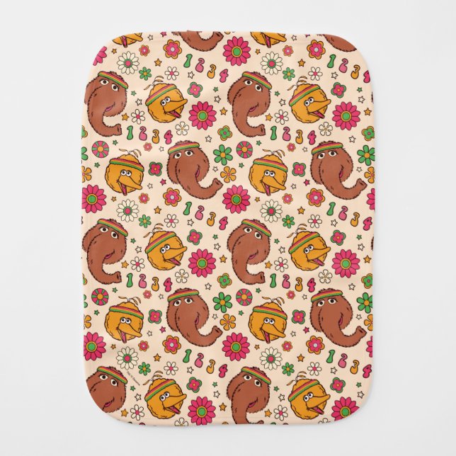 Snuffleupagus and Big Bird Groovy Flower Pattern Baby Burp Cloth (Front)