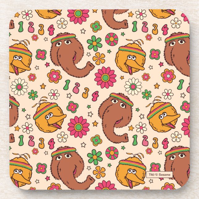 Snuffleupagus and Big Bird Groovy Flower Pattern Beverage Coaster (Front)