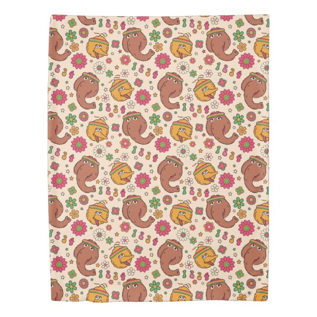 Snuffleupagus and Big Bird Groovy Flower Pattern Duvet Cover (Front)