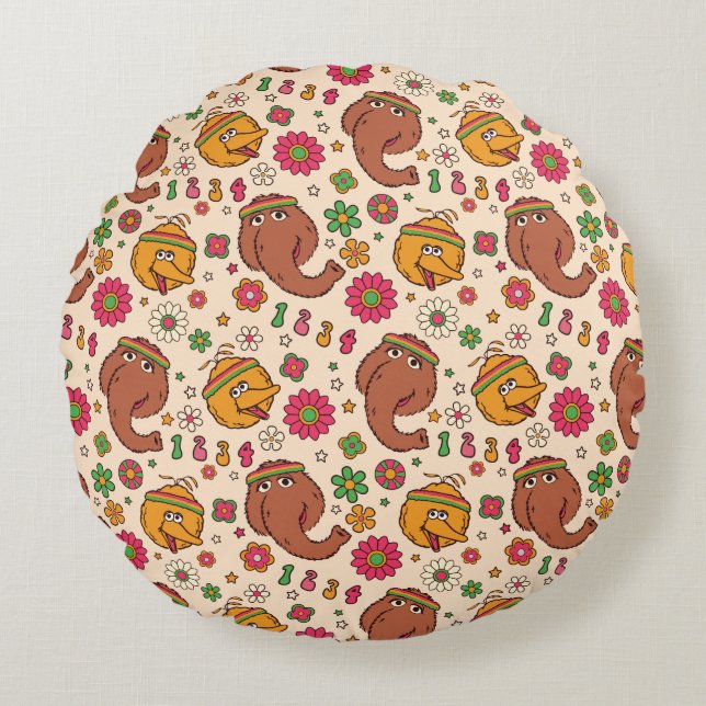 Snuffleupagus and Big Bird Groovy Flower Pattern Round Pillow (Front)