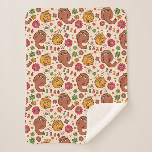 Snuffleupagus and Big Bird Groovy Flower Pattern Sherpa Blanket (Front)