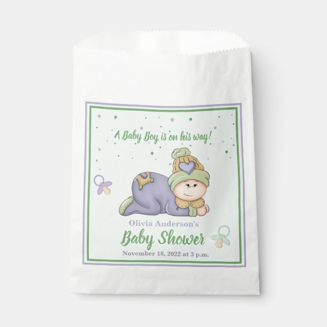Snuggle Baby Boy - Green & Purple Baby Shower   Favor Bag (Front)