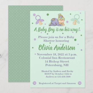 Snuggle Baby Boy - Green & Purple Baby Shower Invitation