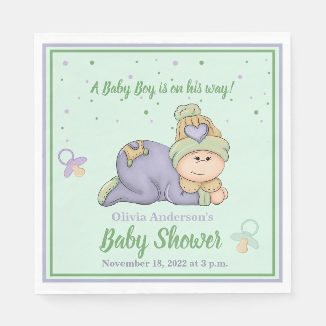 Snuggle Baby Boy - Green & Purple Baby Shower Napkins (Front)