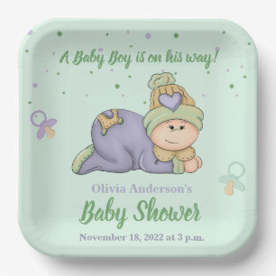 Snuggle Baby Boy - Green & Purple Baby Shower   Paper Plates