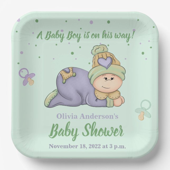 Snuggle Baby Boy - Green & Purple Baby Shower   Paper Plates (Front)
